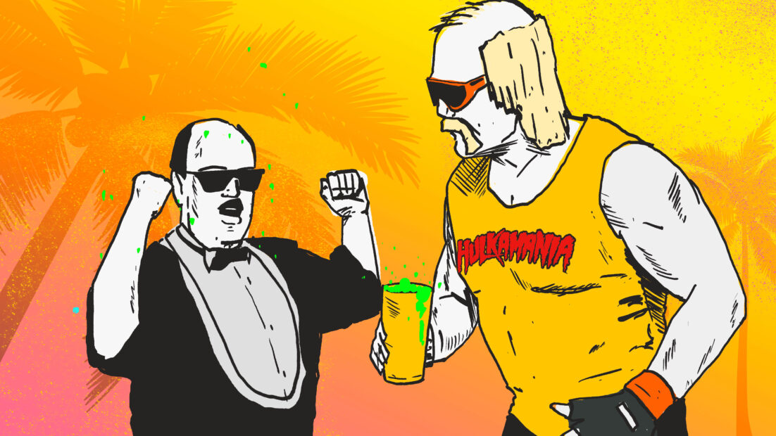 HulK Hogan and Mean Gene drink Hulk Hogan's power shake