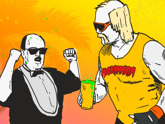HulK Hogan and Mean Gene drink Hulk Hogan's power shake